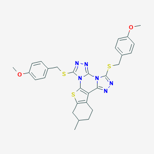 molecular formula C29H28N6O2S3 B431079 3,7-Bis[(4-methoxybenzyl)sulfanyl]-11-methyl-10,11,12,13-tetrahydro[1]benzothieno[3,2-e]bis[1,2,4]triazolo[4,3-a:4',3'-c]pyrimidine 