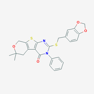 molecular formula C25H22N2O4S2 B431080 2-[(1,3-benzodioxol-5-ylmethyl)sulfanyl]-6,6-dimethyl-3-phenyl-3,5,6,8-tetrahydro-4H-pyrano[4',3':4,5]thieno[2,3-d]pyrimidin-4-one 