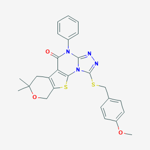 molecular formula C26H24N4O3S2 B431082 1-[(4-methoxybenzyl)sulfanyl]-7,7-dimethyl-4-phenyl-6,9-dihydro-7H-pyrano[4',3':4,5]thieno[3,2-e][1,2,4]triazolo[4,3-a]pyrimidin-5(4H)-one 