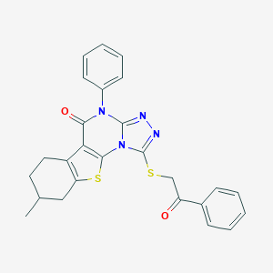 molecular formula C26H22N4O2S2 B431084 8-methyl-1-[(2-oxo-2-phenylethyl)sulfanyl]-4-phenyl-6,7,8,9-tetrahydro[1]benzothieno[3,2-e][1,2,4]triazolo[4,3-a]pyrimidin-5(4H)-one 