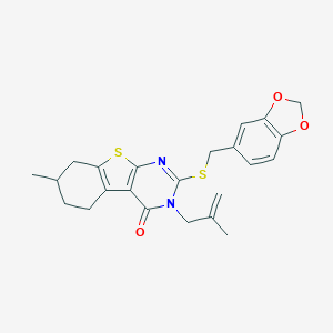 molecular formula C23H24N2O3S2 B431090 2-[(1,3-benzodioxol-5-ylmethyl)sulfanyl]-7-methyl-3-(2-methyl-2-propenyl)-5,6,7,8-tetrahydro[1]benzothieno[2,3-d]pyrimidin-4(3H)-one 