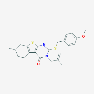 molecular formula C23H26N2O2S2 B431094 2-[(4-methoxybenzyl)sulfanyl]-7-methyl-3-(2-methyl-2-propenyl)-5,6,7,8-tetrahydro[1]benzothieno[2,3-d]pyrimidin-4(3H)-one 