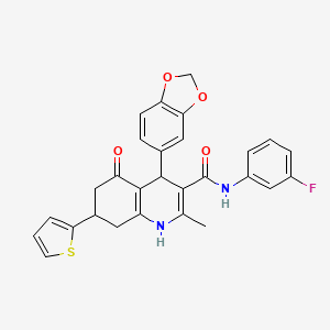 molecular formula C28H23FN2O4S B4310966 4-(1,3-BENZODIOXOL-5-YL)-N-(3-FLUOROPHENYL)-2-METHYL-5-OXO-7-(2-THIENYL)-1,4,5,6,7,8-HEXAHYDRO-3-QUINOLINECARBOXAMIDE 