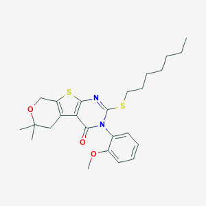 molecular formula C25H32N2O3S2 B431097 2-(heptylsulfanyl)-3-(2-methoxyphenyl)-6,6-dimethyl-3,5,6,8-tetrahydro-4H-pyrano[4',3':4,5]thieno[2,3-d]pyrimidin-4-one 