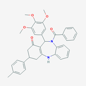 molecular formula C36H34N2O5 B431100 10-benzoyl-3-(4-methylphenyl)-11-(3,4,5-trimethoxyphenyl)-2,3,4,5,10,11-hexahydro-1H-dibenzo[b,e][1,4]diazepin-1-one 