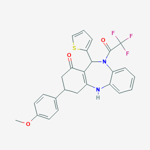 molecular formula C26H21F3N2O3S B431102 3-(4-methoxyphenyl)-11-(thiophen-2-yl)-10-(trifluoroacetyl)-2,3,4,5,10,11-hexahydro-1H-dibenzo[b,e][1,4]diazepin-1-one 
