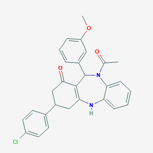 molecular formula C28H25ClN2O3 B431103 10-acetyl-3-(4-chlorophenyl)-11-(3-methoxyphenyl)-2,3,4,5,10,11-hexahydro-1H-dibenzo[b,e][1,4]diazepin-1-one 