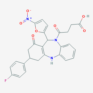 molecular formula C27H22FN3O7 B431108 4-[3-(4-Fluoro-phenyl)-11-(5-nitro-furan-2-yl)-1-oxo-1,2,3,4,5,11-hexahydro-dibe 