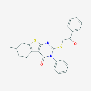 molecular formula C25H22N2O2S2 B431109 7-methyl-2-[(2-oxo-2-phenylethyl)sulfanyl]-3-phenyl-5,6,7,8-tetrahydro[1]benzothieno[2,3-d]pyrimidin-4(3H)-one 