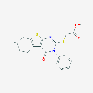 molecular formula C20H20N2O3S2 B431114 Methyl [(7-methyl-4-oxo-3-phenyl-3,4,5,6,7,8-hexahydro[1]benzothieno[2,3-d]pyrimidin-2-yl)sulfanyl]acetate 