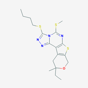 molecular formula C18H24N4OS3 B431117 3-(butylsulfanyl)-10-ethyl-10-methyl-5-(methylsulfanyl)-10,11-dihydro-8H-pyrano[4',3':4,5]thieno[3,2-e][1,2,4]triazolo[4,3-c]pyrimidine 