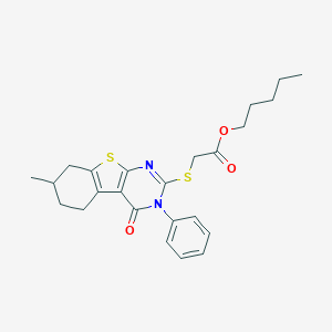 molecular formula C24H28N2O3S2 B431118 Pentyl [(7-methyl-4-oxo-3-phenyl-3,4,5,6,7,8-hexahydro[1]benzothieno[2,3-d]pyrimidin-2-yl)sulfanyl]acetate 