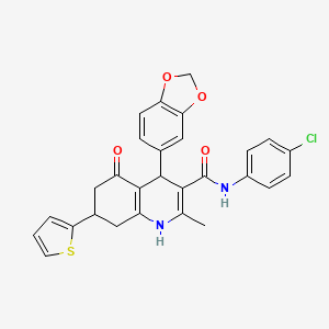 molecular formula C28H23ClN2O4S B4311193 4-(1,3-BENZODIOXOL-5-YL)-N-(4-CHLOROPHENYL)-2-METHYL-5-OXO-7-(2-THIENYL)-1,4,5,6,7,8-HEXAHYDRO-3-QUINOLINECARBOXAMIDE 