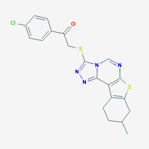 molecular formula C20H17ClN4OS2 B431122 1-(4-Chlorophenyl)-2-[(9-methyl-8,9,10,11-tetrahydro[1]benzothieno[3,2-e][1,2,4]triazolo[4,3-c]pyrimidin-3-yl)sulfanyl]ethanone 
