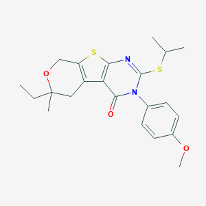 molecular formula C22H26N2O3S2 B431124 6-ethyl-2-(isopropylsulfanyl)-3-(4-methoxyphenyl)-6-methyl-3,5,6,8-tetrahydro-4H-pyrano[4',3':4,5]thieno[2,3-d]pyrimidin-4-one 