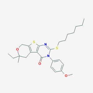molecular formula C26H34N2O3S2 B431125 6-ethyl-2-(heptylsulfanyl)-3-(4-methoxyphenyl)-6-methyl-3,5,6,8-tetrahydro-4H-pyrano[4',3':4,5]thieno[2,3-d]pyrimidin-4-one 