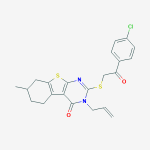 molecular formula C22H21ClN2O2S2 B431127 3-allyl-2-{[2-(4-chlorophenyl)-2-oxoethyl]sulfanyl}-7-methyl-5,6,7,8-tetrahydro[1]benzothieno[2,3-d]pyrimidin-4(3H)-one 