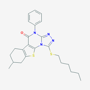 molecular formula C24H28N4OS2 B431128 1-(hexylsulfanyl)-8-methyl-4-phenyl-6,7,8,9-tetrahydro[1]benzothieno[3,2-e][1,2,4]triazolo[4,3-a]pyrimidin-5(4H)-one 