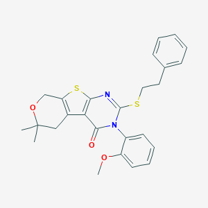 molecular formula C26H26N2O3S2 B431129 3-(2-methoxyphenyl)-6,6-dimethyl-2-[(2-phenylethyl)sulfanyl]-3,5,6,8-tetrahydro-4H-pyrano[4',3':4,5]thieno[2,3-d]pyrimidin-4-one 