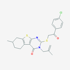 molecular formula C23H23ClN2O2S2 B431131 2-{[2-(4-chlorophenyl)-2-oxoethyl]sulfanyl}-7-methyl-3-(2-methyl-2-propenyl)-5,6,7,8-tetrahydro[1]benzothieno[2,3-d]pyrimidin-4(3H)-one 