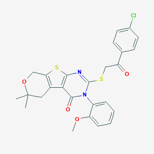molecular formula C26H23ClN2O4S2 B431133 2-{[2-(4-chlorophenyl)-2-oxoethyl]sulfanyl}-3-(2-methoxyphenyl)-6,6-dimethyl-3,5,6,8-tetrahydro-4H-pyrano[4',3':4,5]thieno[2,3-d]pyrimidin-4-one 