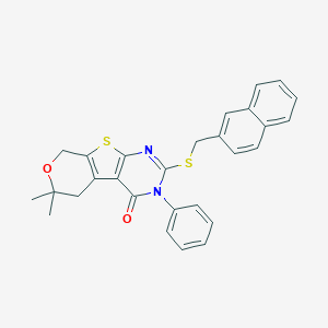 molecular formula C28H24N2O2S2 B431134 6,6-dimethyl-2-[(2-naphthylmethyl)sulfanyl]-3-phenyl-3,5,6,8-tetrahydro-4H-pyrano[4',3':4,5]thieno[2,3-d]pyrimidin-4-one CAS No. 431066-60-3