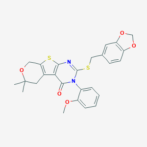 molecular formula C26H24N2O5S2 B431135 2-[(1,3-benzodioxol-5-ylmethyl)sulfanyl]-3-(2-methoxyphenyl)-6,6-dimethyl-3,5,6,8-tetrahydro-4H-pyrano[4',3':4,5]thieno[2,3-d]pyrimidin-4-one 