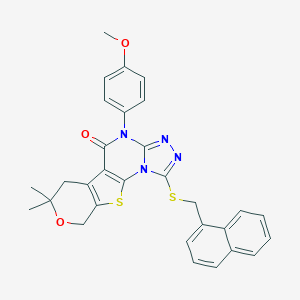 molecular formula C30H26N4O3S2 B431136 4-(4-methoxyphenyl)-7,7-dimethyl-1-((naphthalen-1-ylmethyl)thio)-6,7-dihydro-4H-pyrano[4',3':4,5]thieno[3,2-e][1,2,4]triazolo[4,3-a]pyrimidin-5(9H)-one 