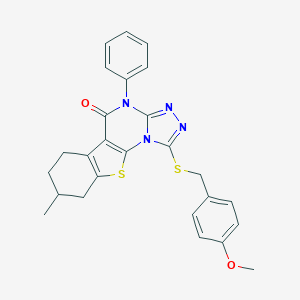 molecular formula C26H24N4O2S2 B431138 1-[(4-methoxybenzyl)sulfanyl]-8-methyl-4-phenyl-6,7,8,9-tetrahydro[1]benzothieno[3,2-e][1,2,4]triazolo[4,3-a]pyrimidin-5(4H)-one 