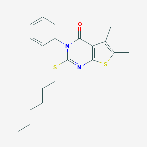 molecular formula C20H24N2OS2 B431140 2-(hexylsulfanyl)-5,6-dimethyl-3-phenylthieno[2,3-d]pyrimidin-4(3H)-one 