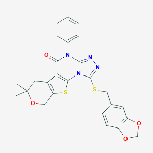 molecular formula C26H22N4O4S2 B431141 1-[(1,3-benzodioxol-5-ylmethyl)sulfanyl]-7,7-dimethyl-4-phenyl-6,9-dihydro-7H-pyrano[4',3':4,5]thieno[3,2-e][1,2,4]triazolo[4,3-a]pyrimidin-5(4H)-one 