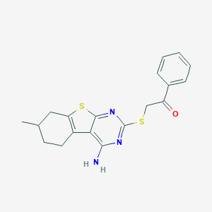 molecular formula C19H19N3OS2 B431142 2-[(4-Amino-7-methyl-5,6,7,8-tetrahydro[1]benzothieno[2,3-d]pyrimidin-2-yl)sulfanyl]-1-phenylethanone 