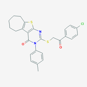 molecular formula C26H23ClN2O2S2 B431145 2-{[2-(4-chlorophenyl)-2-oxoethyl]sulfanyl}-3-(4-methylphenyl)-3,5,6,7,8,9-hexahydro-4H-cyclohepta[4,5]thieno[2,3-d]pyrimidin-4-one 