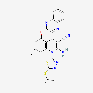 molecular formula C25H25N7OS2 B4311977 2-AMINO-1-[5-(ISOPROPYLSULFANYL)-1,3,4-THIADIAZOL-2-YL]-7,7-DIMETHYL-5-OXO-4-(2-QUINOXALINYL)-1,4,5,6,7,8-HEXAHYDRO-3-QUINOLINECARBONITRILE 