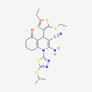 molecular formula C23H27N5OS4 B4311993 2-AMINO-4-[5-ETHYL-2-(ETHYLSULFANYL)-3-THIENYL]-1-[5-(ISOPROPYLSULFANYL)-1,3,4-THIADIAZOL-2-YL]-5-OXO-1,4,5,6,7,8-HEXAHYDRO-3-QUINOLINECARBONITRILE 