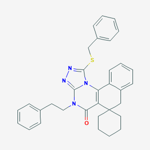 molecular formula C33H32N4OS B431205 1-(benzylsulfanyl)-4-(2-phenylethyl)-6,7-dihydrospiro(benzo[h][1,2,4]triazolo[4,3-a]quinazoline-6,1'-cyclohexane)-5(4H)-one CAS No. 374104-38-8