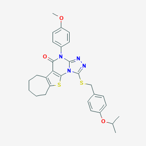 molecular formula C29H30N4O3S2 B431219 1-[(4-isopropoxybenzyl)sulfanyl]-4-(4-methoxyphenyl)-7,8,9,10-tetrahydro-6H-cyclohepta[4,5]thieno[3,2-e][1,2,4]triazolo[4,3-a]pyrimidin-5(4H)-one 