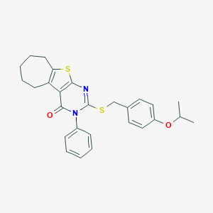 molecular formula C27H28N2O2S2 B431223 2-[(4-isopropoxybenzyl)sulfanyl]-3-phenyl-3,5,6,7,8,9-hexahydro-4H-cyclohepta[4,5]thieno[2,3-d]pyrimidin-4-one 