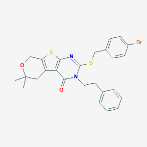 molecular formula C26H25BrN2O2S2 B431241 2-[(4-bromobenzyl)sulfanyl]-6,6-dimethyl-3-(2-phenylethyl)-3,5,6,8-tetrahydro-4H-pyrano[4',3':4,5]thieno[2,3-d]pyrimidin-4-one CAS No. 306966-15-4