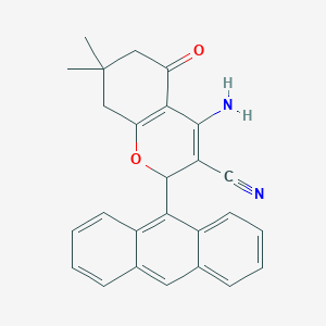 molecular formula C26H22N2O2 B431244 4-amino-2-(9-anthryl)-7,7-dimethyl-5-oxo-5,6,7,8-tetrahydro-2H-chromene-3-carbonitrile 