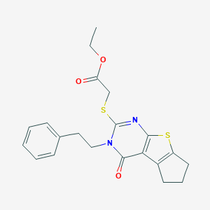 molecular formula C21H22N2O3S2 B431250 ethyl {[4-oxo-3-(2-phenylethyl)-3,5,6,7-tetrahydro-4H-cyclopenta[4,5]thieno[2,3-d]pyrimidin-2-yl]sulfanyl}acetate CAS No. 373615-08-8