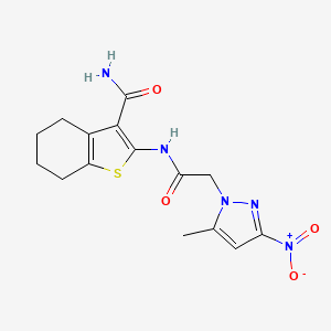 molecular formula C15H17N5O4S B4312632 2-{[(5-methyl-3-nitro-1H-pyrazol-1-yl)acetyl]amino}-4,5,6,7-tetrahydro-1-benzothiophene-3-carboxamide 