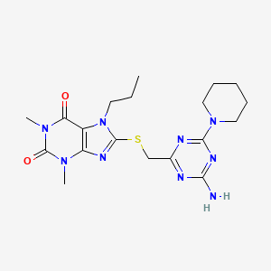 molecular formula C19H27N9O2S B4312676 8-{[(4-AMINO-6-PIPERIDINO-1,3,5-TRIAZIN-2-YL)METHYL]SULFANYL}-1,3-DIMETHYL-7-PROPYL-3,7-DIHYDRO-1H-PURINE-2,6-DIONE 