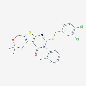 molecular formula C25H22Cl2N2O2S2 B431288 2-[(3,4-dichlorobenzyl)sulfanyl]-6,6-dimethyl-3-(2-methylphenyl)-3,5,6,8-tetrahydro-4H-pyrano[4',3':4,5]thieno[2,3-d]pyrimidin-4-one 