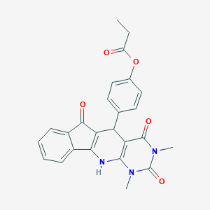 molecular formula C25H21N3O5 B431296 4-(1,3-dimethyl-2,4,6-trioxo-2,3,4,5,6,11-hexahydro-1H-indeno[2',1':5,6]pyrido[2,3-d]pyrimidin-5-yl)phenyl propanoate 