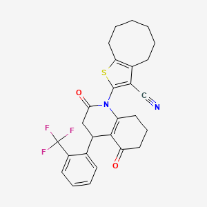 molecular formula C27H25F3N2O2S B4313080 2-{2,5-DIOXO-4-[2-(TRIFLUOROMETHYL)PHENYL]-1,2,3,4,5,6,7,8-OCTAHYDROQUINOLIN-1-YL}-4H,5H,6H,7H,8H,9H-CYCLOOCTA[B]THIOPHENE-3-CARBONITRILE 