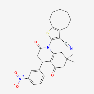 molecular formula C28H29N3O4S B4313096 2-[7,7-DIMETHYL-4-(3-NITROPHENYL)-2,5-DIOXO-3,4,5,6,7,8-HEXAHYDRO-1(2H)-QUINOLINYL]-4,5,6,7,8,9-HEXAHYDROCYCLOOCTA[B]THIOPHEN-3-YL CYANIDE 