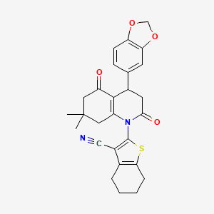 molecular formula C27H26N2O4S B4313259 2-[4-(2H-1,3-BENZODIOXOL-5-YL)-7,7-DIMETHYL-2,5-DIOXO-1,2,3,4,5,6,7,8-OCTAHYDROQUINOLIN-1-YL]-4,5,6,7-TETRAHYDRO-1-BENZOTHIOPHENE-3-CARBONITRILE 