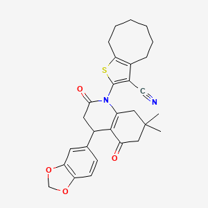 molecular formula C29H30N2O4S B4313419 2-[4-(1,3-BENZODIOXOL-5-YL)-7,7-DIMETHYL-2,5-DIOXO-3,4,5,6,7,8-HEXAHYDRO-1(2H)-QUINOLINYL]-4,5,6,7,8,9-HEXAHYDROCYCLOOCTA[B]THIOPHEN-3-YL CYANIDE 