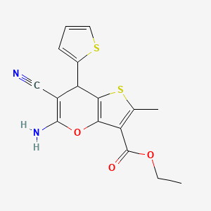 molecular formula C16H14N2O3S2 B4313553 ethyl 5-amino-6-cyano-2-methyl-7-(thiophen-2-yl)-7H-thieno[3,2-b]pyran-3-carboxylate 